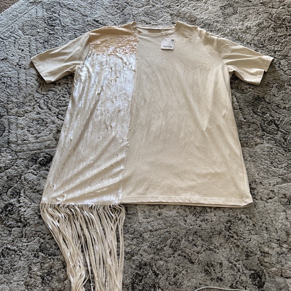 Zara fringe contrast tee beige NWT L - Picture 5 of 5